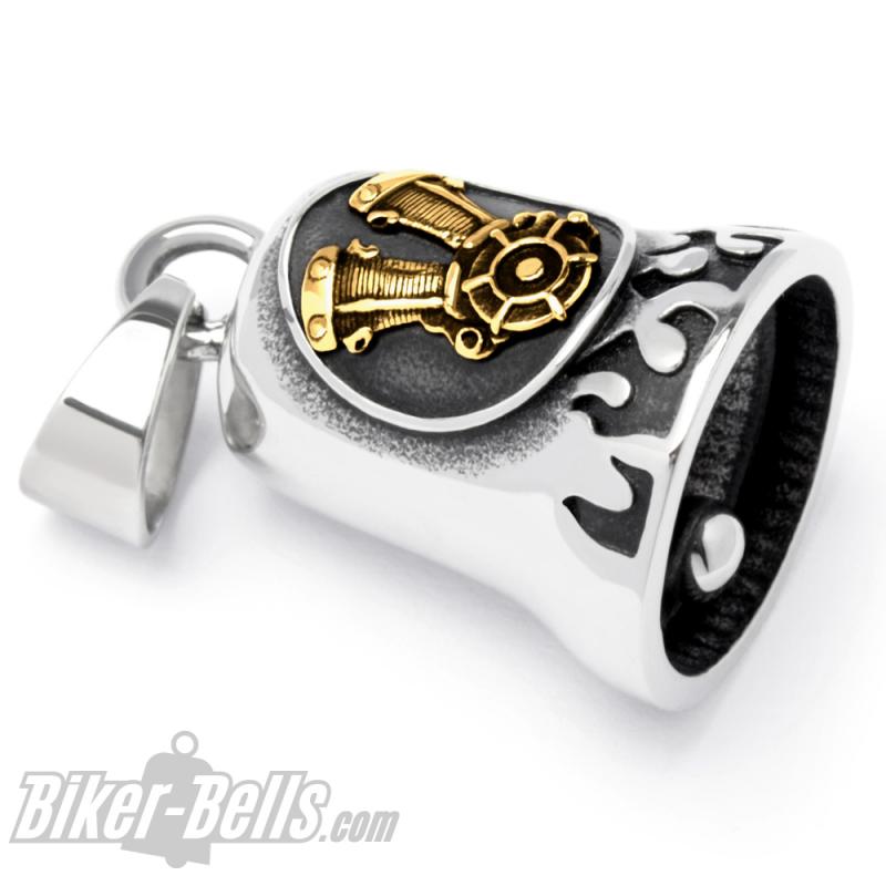 Goldener V2 Motorblock auf Edelstahl Biker-Bell mit Flammen Engine Ride Bell